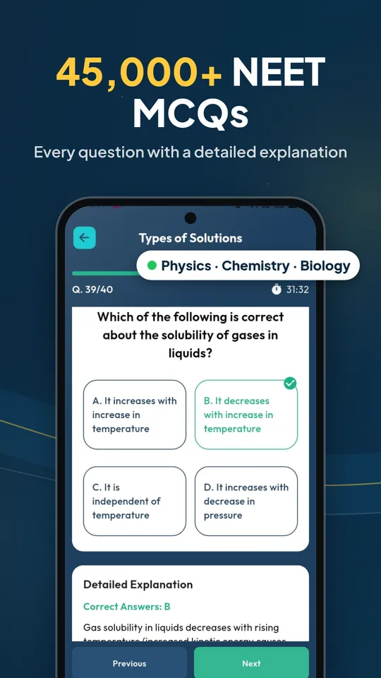 45,000+ NEET MCQs, every question with a detailed explanation