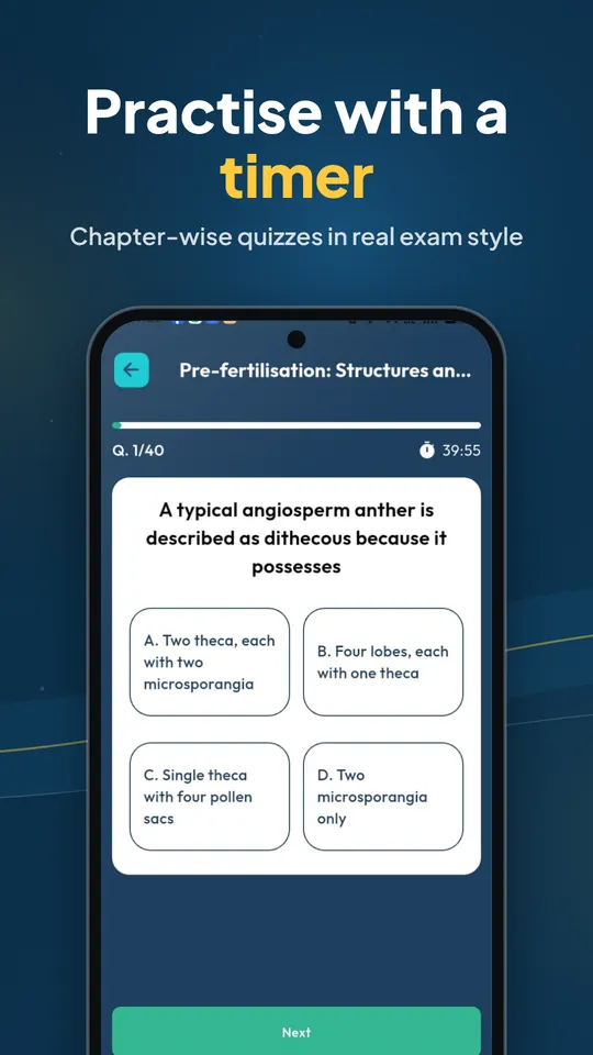 Chapter-wise NEET quizzes with a timer, in real exam style